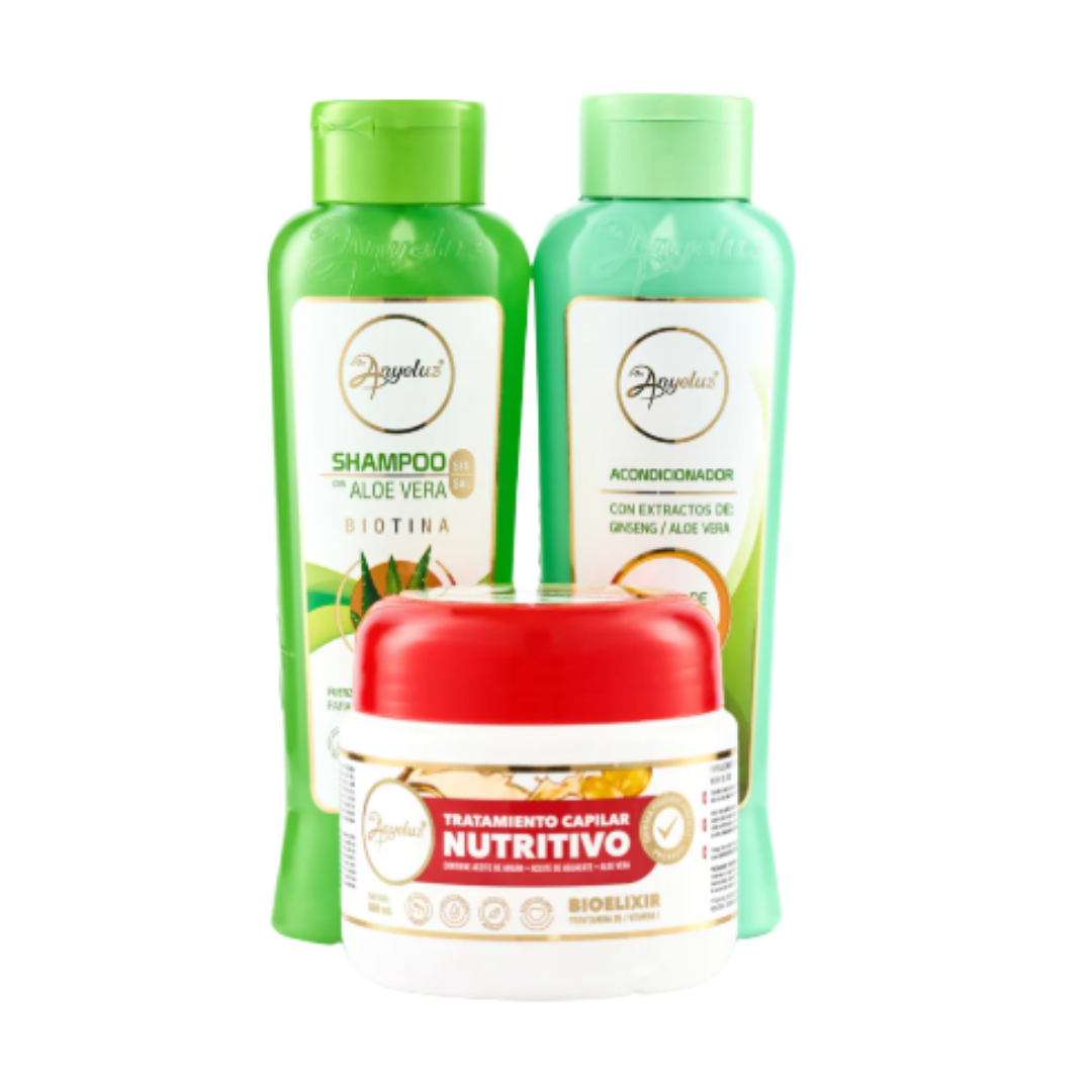 KIT PARA CABELLO GRASO (Shampoo con Aloe Vera + Acondicionador con Aloe Vera + Tratamiento Capilar Nutritivo) ANYELUZ