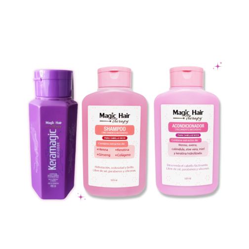 KIT KERATINA KERAMAGIC ALISADOR +SHAMPOO Y ACONDICIONADOR CRECIMIENTO CABELLO SECO