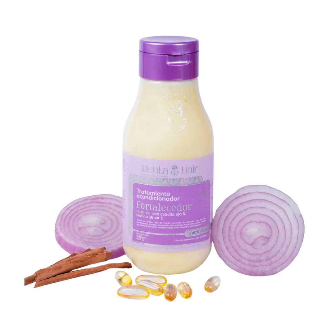 TRATAMIENTO ACONDICIONADOR FORTALECEDOR CON CEBOLLA Y AJO 550ML- MENTA HAIR